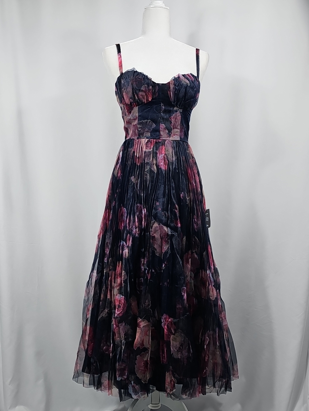 Lulus Floral Tulle Bustier Midi Dress NWT S Pleated Romantic Party Ethereal - Picture 5 of 16